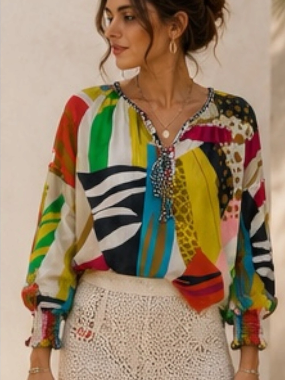 Fate Jenna Abstract Mixed Print Cotton Tie Neck Lined Blouse NWT Sz S